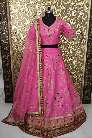 Pink Bridal Silk Embroidered Semi Stitched Lehenga For Function Wear