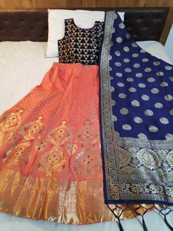 Improbable Orange Blue Banarasi Brocate With Ready Made Blouse Designer Lehenga Choli