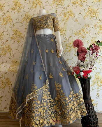 Dazzling Grey Color Net Embroidered Work Lehenga Choli For Wedding Wear