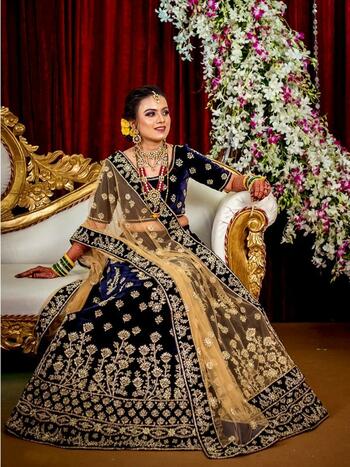 Graceful Navy Blue Color Wedding Wear Tapetta Velvet Embroidered Work Designer Lehenga Choli