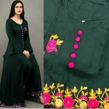 Admirable Dark Green Color Casual Wear Rayon Embroidered Work Designer Ready Made Plazo Kurti