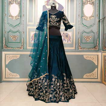 Lovable Dark Rama Color Beautiful Coding Embroidered Work Soft Velvet Semi Stitched Wedding Wear Lehenga Choli