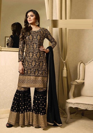 Gleaming Black Color Embroidered Work Super Faux Georgette Sharara Salwar Suit For Wedding Wear