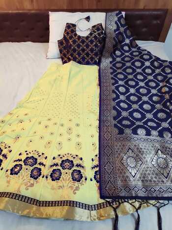 Wondrous Yellow Color Banarasi Brocate And Ready Made Blouse Lehenga Choli For Women