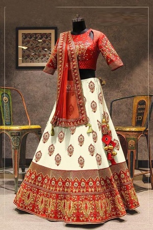 Wonderful Red Color Bridal Wear Malbari Taffeta Silk Embroidered Fancy Work Lehenga Choli Design