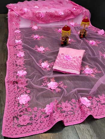 Absorbing Pink Color Occasion Wear Soft Net Applique Flower Hand Embroidered Stone Lcd Work Saree Blouse For Ladies