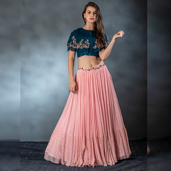 Dark Rama Blue Georgette Embroidered Stone Work Lehenga Choli Design Online