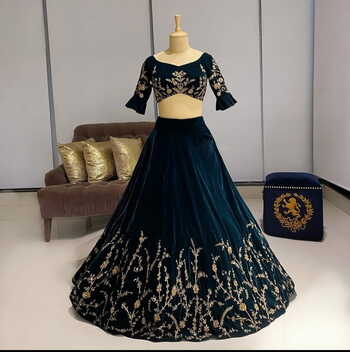 Lovable Dark Rama Color Beautiful Coding Embroidered Work Soft Velvet Semi Stitched Wedding Wear Lehenga Choli