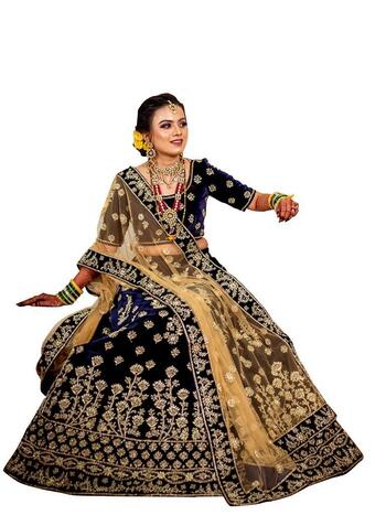 Graceful Navy Blue Color Wedding Wear Tapetta Velvet Embroidered Work Designer Lehenga Choli