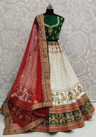 Wedding Wear Off White Color Multi Zari Embroidered Diamond Touch Up Work Malai Satin Lehenga Choli