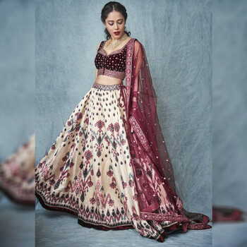 Impressive Wine Color Italin Satin Digital Printed Readymade Velvet Lace Lehenga Choli