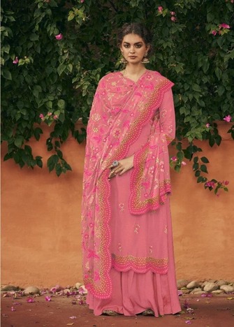 Pink Thread Embroidered Work Occasion Wear Chinon Italian Salwar Suit