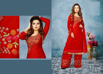 Refreshing Red Color Rayon Embroidered work Readymade Kurta With Plazo For Woman