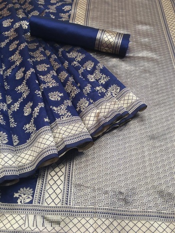 Party Wear Navy Color Banarasi Silk Saree For Women