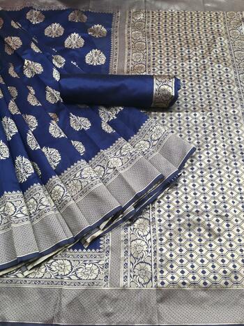 Stunning Navy Color Banarasi Silk Saree For Women