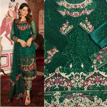 Glorious Dark Green Georgette Embroidered Work Fancy Salwar Suit Pattern For Women