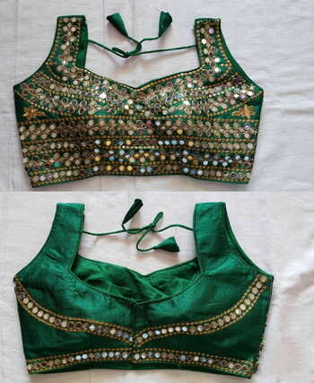 Dark Green Silk With Mirror Zari Thread Readymade Blouse