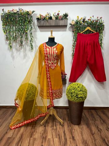 Astounding Mustard Color Patiyala Style Georgette Embroidered Designer Work Ready Made Salwar Suit