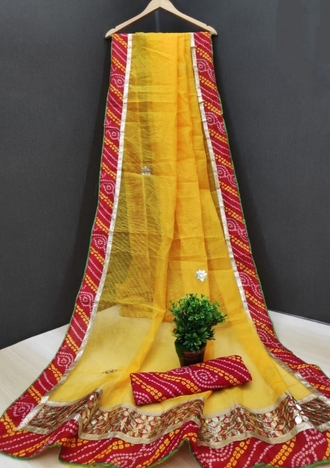 Yellow Super Net Cotton Bandhani Saree And Bandhani Cotton Blouse For Women