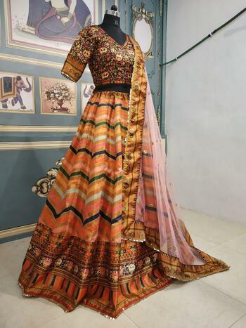 Multi Colour Zig Zag Gotta Satin Digital Printed Lehenga Choli Design For Women