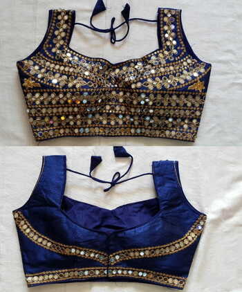 Navy Blue Silk With Zari Thread Mirror Work Readymade Blouse