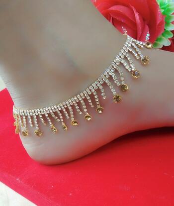 Delightful White & Yellow American Diamond Artificial Anklet Set KLP346