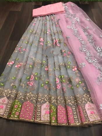 Pink Organza Embroidered Cut Work Wedding Wear Lehenga Choli
