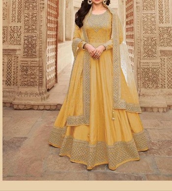 Mustard Color Embroidered Work Dola Silk Salwar Suit For Women