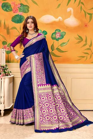 Classic Royal Blue Banarasi Silk Wedding Wear Saree Design Online