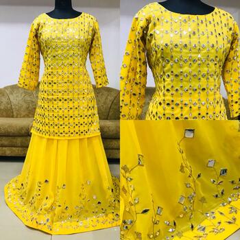 Yellow Color Wedding Wear Georgette Paper Mirror Thread Work Top With Lehenga
