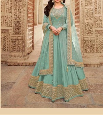 Sea Green Color Dola Silk Embroidered Work Indo Western