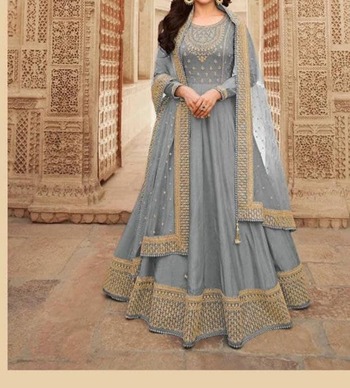 Grey Color Embroidered Work Dola Silk Occasion Wear Indo Western