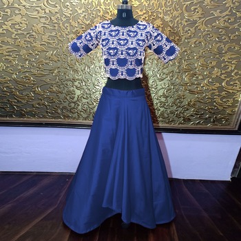 Blue Taffeta Silk Dori Embroidered Crop Top Lehengas Design Online