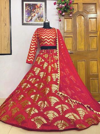 Amazaballs Red Color Festive Wear Taffeta Silk Foil Printed Lehenga Choli