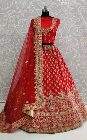 Refreshing Red Color Satin Silk Zari Dori Work Diamond Touch Up Lehenga Choli For Wedding Wear