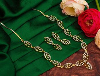 Dazzling White Color Diamond Golden Plated Imitation Necklace Set For Women