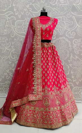 Gorgeous Magenta Color Wedding Wear Satin Silk Zari Thread Work Diamond Touch Up Lehenga Choli For Women