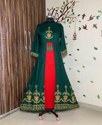 Thrilling Beautiful Green Color Full Stitched Rayon Designer Hand Mirror Work Salwar Suit For Party Wear