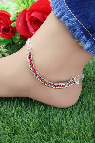 Lovely Red American Diamond Silver Imitation Anklet Set For Women KLP324