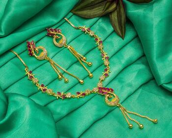 Beautiful Pink Color Diamond Artificial Golden Necklace Set For Women
