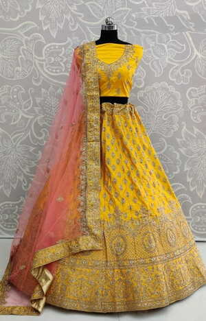 Charming Yellow Color Satin Silk Diamond Touch Up Thread Zari Work Wedding Wear Lehenga Choli