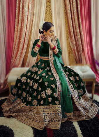 Admirable Dark Green Color Embroidered Work Velvet Bridal Wear Lehenga Choli