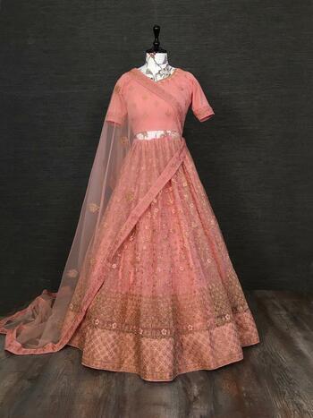 Peach Ethnic Wear Soft Net Designer Embroidered Zari Glitter Work Lehenga Choli Design