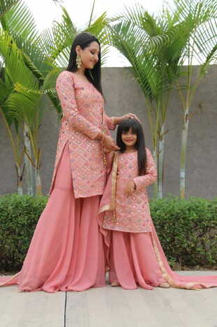 Peach Ready Made Georgette Sequence Mirror Embroidered Work Mother Daughter Plazo Salwar Suit
