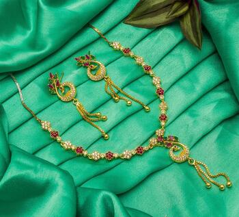 Capricious Magenta Color Diamond Artificial Golden Necklace Set For Party Wear