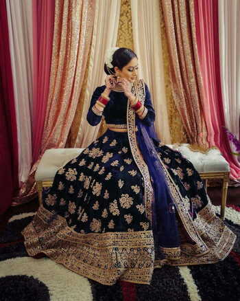 Enticing Navy Blue Color Designer Semi Stitched Velvet Function Wear Embroidered Work Lehenga Choli