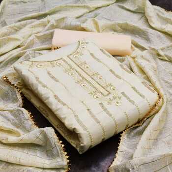Absorbing Cream Color Fancy Silk Embroidered Work Design Occasion Wear Salwar Suit