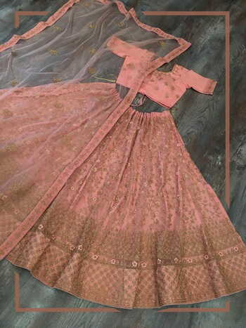 Peach Ethnic Wear Soft Net Designer Embroidered Zari Glitter Work Lehenga Choli Design