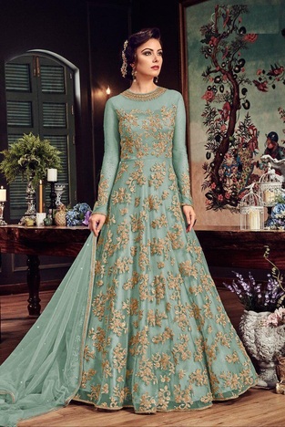 Breath-taking Light Green Color Festive Wear Soft Net Anarkali Embroidered Fancy Work Salwar Suit