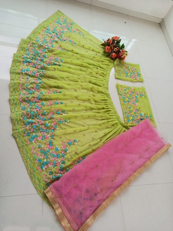 Green  Pink Georgette With Embroidered Work Lehenga Choli V